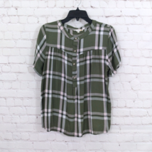 C&amp;C California Top Womens Medium Green Plaid Short Sleeve Henley Rayon Shirt - $17.99