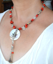 Coral Necklace, Shell Necklace, Coral and shell, red coral,tassel, statement 781 - £26.59 GBP