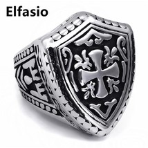 ELFASIO 316L Stainless Silver Gothic Style Shield &amp; Cross Ring - Unisex - £15.97 GBP