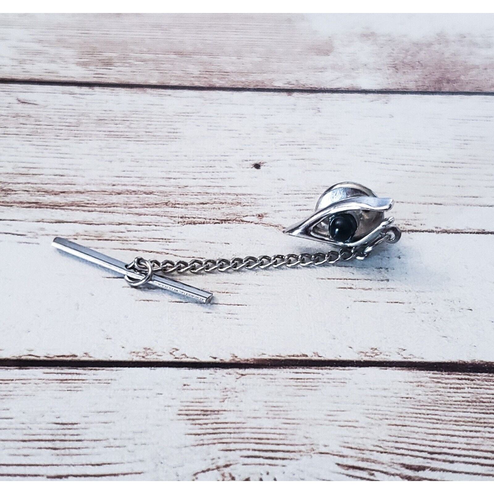 Vintage Tie Tack - Silver Tone &amp; Black - £11.97 GBP