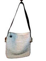 The SAK Purse  Crocheted Knit  Cream Beaded Tassles Black Strap  Logo Charm - $22.00