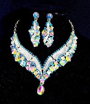Bridal Rhinestone Necklace, Austrian Crystal Choker, Necklace Earring Set, Teal  - £50.60 GBP
