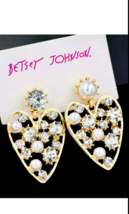 Betsey Johnson Gold Alloy Heart with Crystal and Pearl Dangle Post Earrings - $8.99