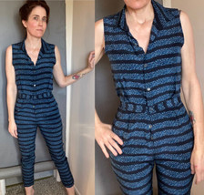 Steven Alan silk Jumpsuit Sz S stripe pebbled navy blue - £51.43 GBP