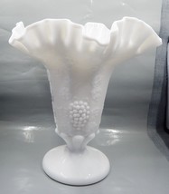 Westmoreland Milk Glass Grape Paneled Ruffled Crimped Edge Footed Vase - £36.33 GBP