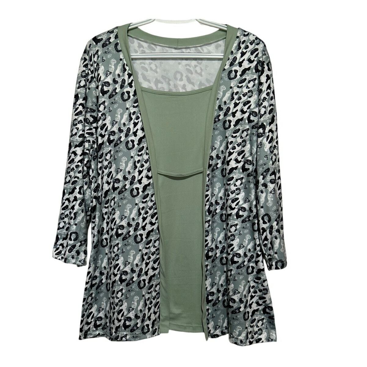 Women&#39;s Green Black White Leopard Print Quarter Sleeve Tunic Size 2XL - £10.50 GBP