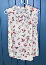 Retro Floral Tie Collar Shirt Size Small Off White Red Flowers Ruffle Sl... - £6.32 GBP