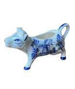 Vintage Delft Blue Handpainted Cow Creamer Windmills &amp; Flowers Ceramic F... - $15.82