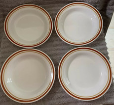 Vintage SET of 4 Corelle Corning CHESTNUT Rust and Tan Bands 8.5&quot; RIM SO... - $22.99