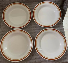 Vintage Set Of 4 Corelle Corning Chestnut Rust And Tan Bands 8.5&quot; Rim Soup Bowls - $22.99