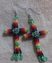 Native American Dangle Cut Glass Beaded CROSS Earrings Green Fire Kiowa ... - £31.46 GBP