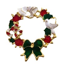 Bright Red Green White Enamel Christmas Wreath 1.7 Inch Pin Gold Holiday Brooch - £5.44 GBP
