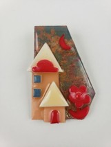 House Pins By Lucinda Red Moon Flower 2 Houses Multi Color Background W/ Glitter - £35.20 GBP
