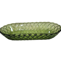 Indiana Glass Dish Basket Weave Oval Candy Celery Avocado Green Olive Vtg MCM - £15.00 GBP