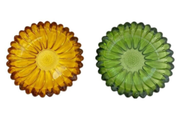 Pair Hazel Atlas Amber Yellow and Green Sunflower Ashtray Trinket Dish MCM 5.5” - £21.14 GBP
