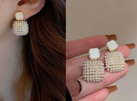 South Korea pearl square white earrings fashion niche temperament net re... - £15.48 GBP