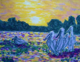 Original Seascape Painting  Pelicans Sunset Monet  Ross Van Gogh Impressionism - £26.47 GBP