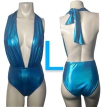 Metallic Aqua Blue Deep Plunge Halter Tie Bodysuit~ Size L - £29.43 GBP