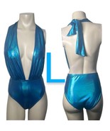 Metallic Aqua Blue Deep Plunge Halter Tie Bodysuit~ Size L - £29.55 GBP