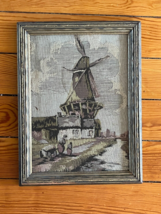 Vintage Tan Brown &amp; Green Dutch Windmill Tapestry Scene in Ornate Gilt Painted - £10.46 GBP