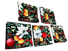 Christmas  Napkins Cloth Fruit Flowers Green Red White 17&quot; x 17&quot; Set of 5 - £17.17 GBP