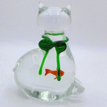 Glass Cat Figurine With Green Bow Orange Fish Encased Inside -Bubbles Un... - $14.36