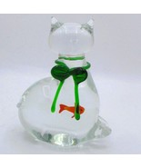 Glass Cat Figurine With Green Bow Orange Fish Encased Inside -Bubbles Un... - $269.55 MXN