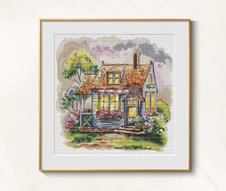 Cottage cross stitch country house pattern pdf, old house cross stitch g... - $13.29