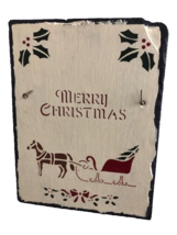 VINTAGE MERRY CHRISTMAS PLAQUE Horse &amp; Sleigh Slate Wall Indoor Outdoor ... - $19.95