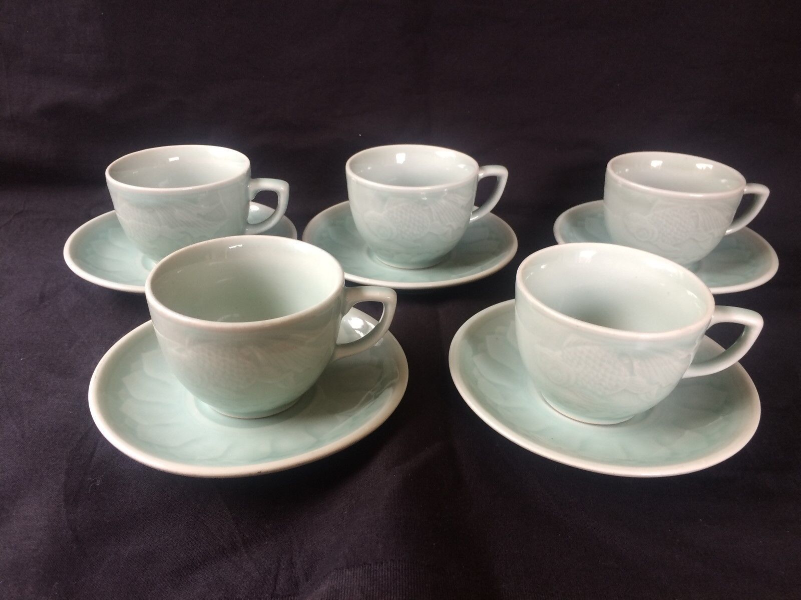 CHINESE CELADON Vintage Porcelain Koi /Carp Fish 5 Cups and saucers . Se... - $130.53