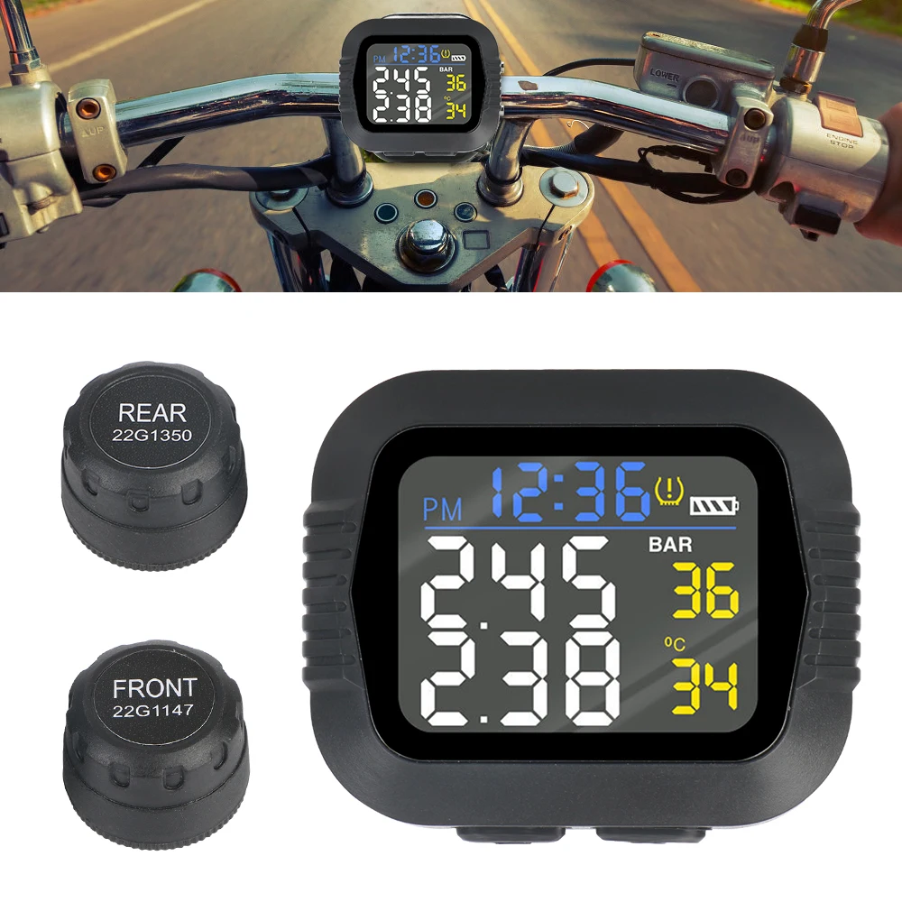 Motorcycle TPMS Sensors Tire Pressure Monitoring System Tyre Tester Alarm LCD - £36.32 GBP