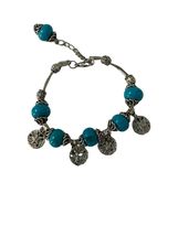 Vintage Turquoise Bead Sand Dollar Charm Bracelet Adjustable Silver Tone - $16.20