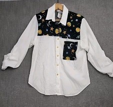 Womens Planets Saturn Moon Sun Long Sleeved White Button Up Shirt Star Buttons S - $13.84