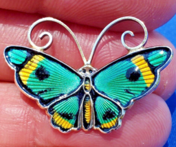 David Andersen Deco Guilloche Enamel Brooch 925 Sterling Silver Butterfly Pin - $270.75