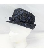 Women Navy Blue Weave Vintage Straw Hat Size 21&quot; Small with Bow and Box - £29.65 GBP