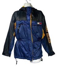Vintage Tommy Hilfiger Black Blue Yellow Spell out Logo Hooded Jacket Si... - £50.41 GBP