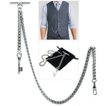 Albert Chain Silver Color Pocket Watch Chain for Men Vintage Key Fob T Bar AC54N - £14.32 GBP