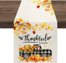 Thanksgiving Fall Table Runner 72 Inches Long,Thankful Truck with Maple Leaves H - £10.16 GBP
