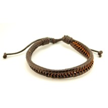 Natural Leather Bracelet Brown Woven Contrast Men Women Braided Adjustable Hemp - £2.35 GBP