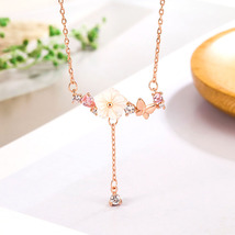 Rose Gold Butterfly with Flower and CZ Pendant Necklace - £7.52 GBP