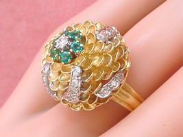 Vintage Diamond Emerald 18K Pinecone Honeycomb Statement Tall Cocktail Ring 1950 - £1,807.26 GBP
