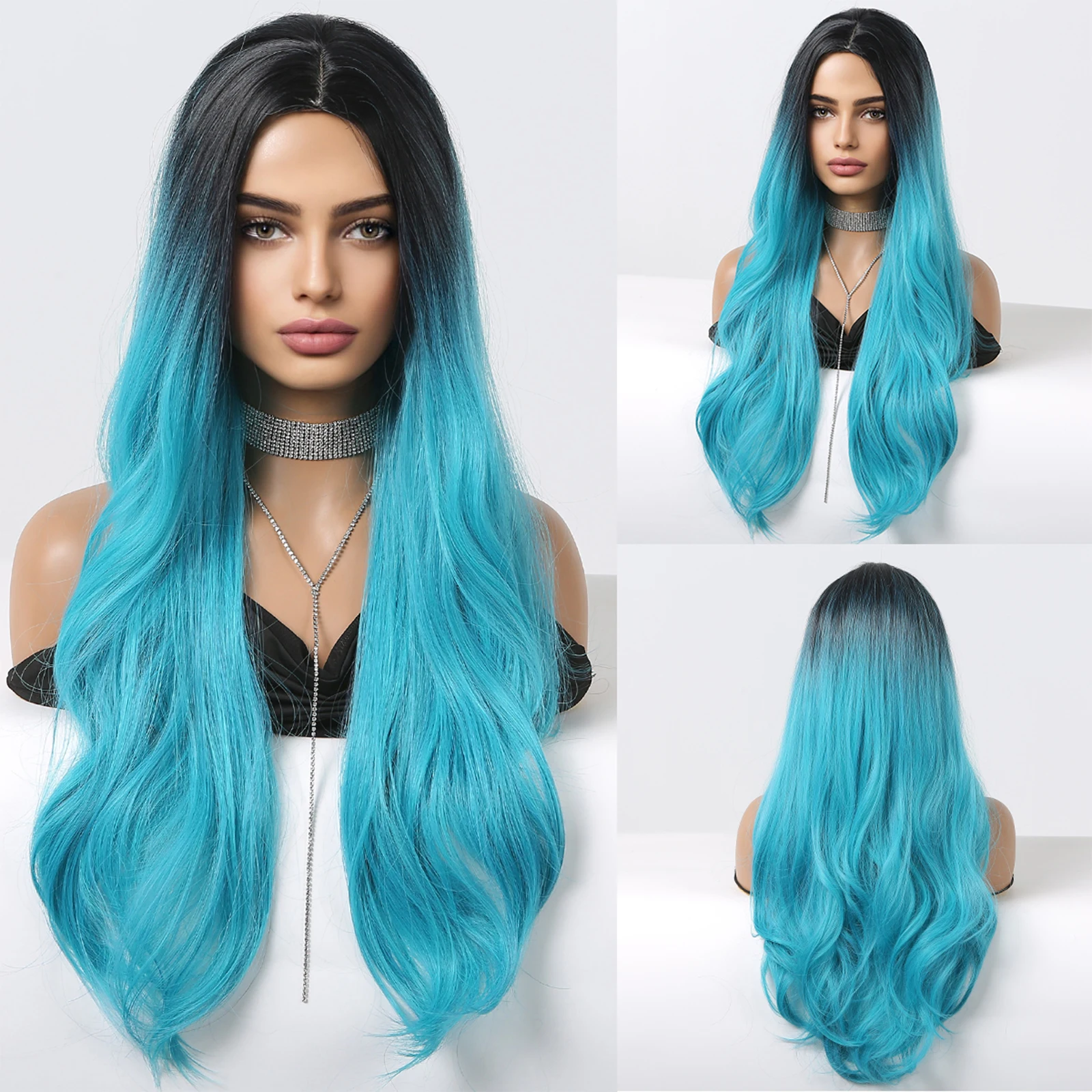 Long Wavy Ombre Blue Cosplay Party Synthetic Wigs for Women Middle Part Colorf - £19.66 GBP+