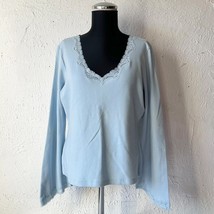 Express Light Blue Lace Trim V Neck Long Sleeve Stretch Knit Shirt - Wom... - $16.10