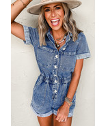Dusk Blue Chest Pocket Front Buttoned Folded Edge Denim Short Sleeve Romper - $42.27