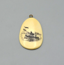 Bone Scrimshaw Pendant Engraved Kayak Canoer and Airplane Image Oval 1.75&quot; - £19.18 GBP