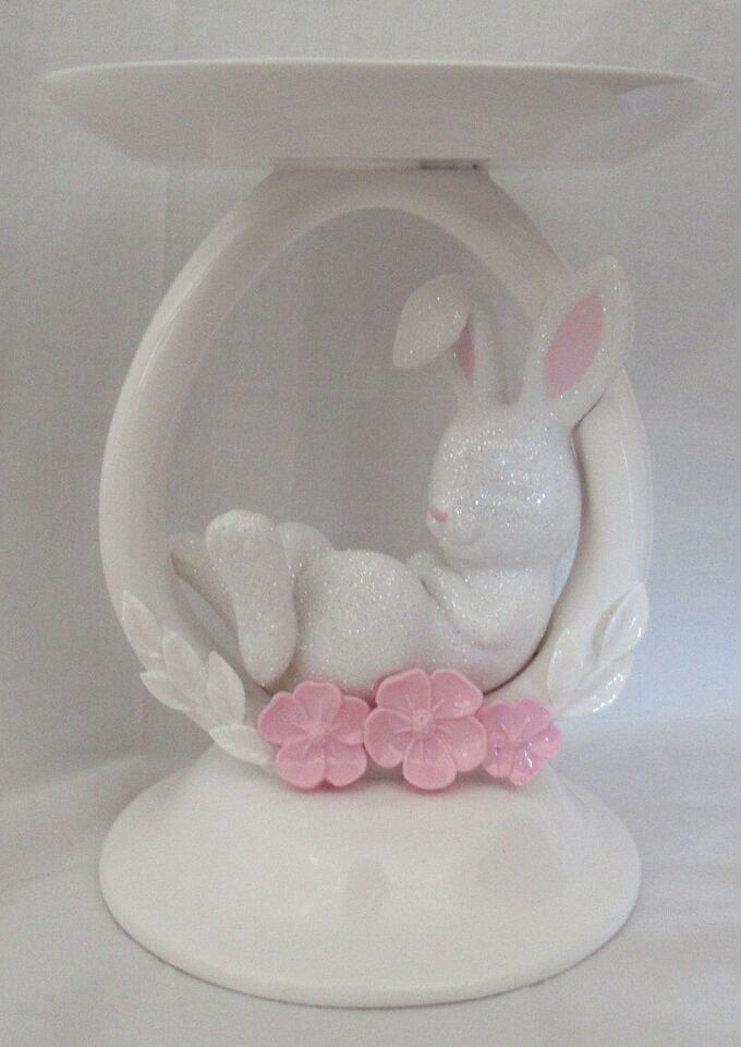 Bath &amp; Body Works Large Candle Holder 3-Wick WHITE GLITTER BUNNY RING Pe... - $100.06