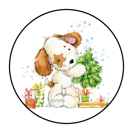 CUTE CHRISTMAS PUPPY ENVELOPE SEALS STICKERS LABELS TAGS FAVORS 1.5" ROUND (30)