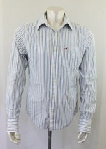 Hollister Men&#39;s Medium Long Sleeve Blue Gray Striped Button Up Cotton Shirt - £6.56 GBP