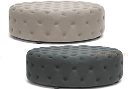 Beige / Gray Linen Round Tufted Cocktail Ottoman Coffee Table Modern 38.5&quot; Diam - £347.93 GBP