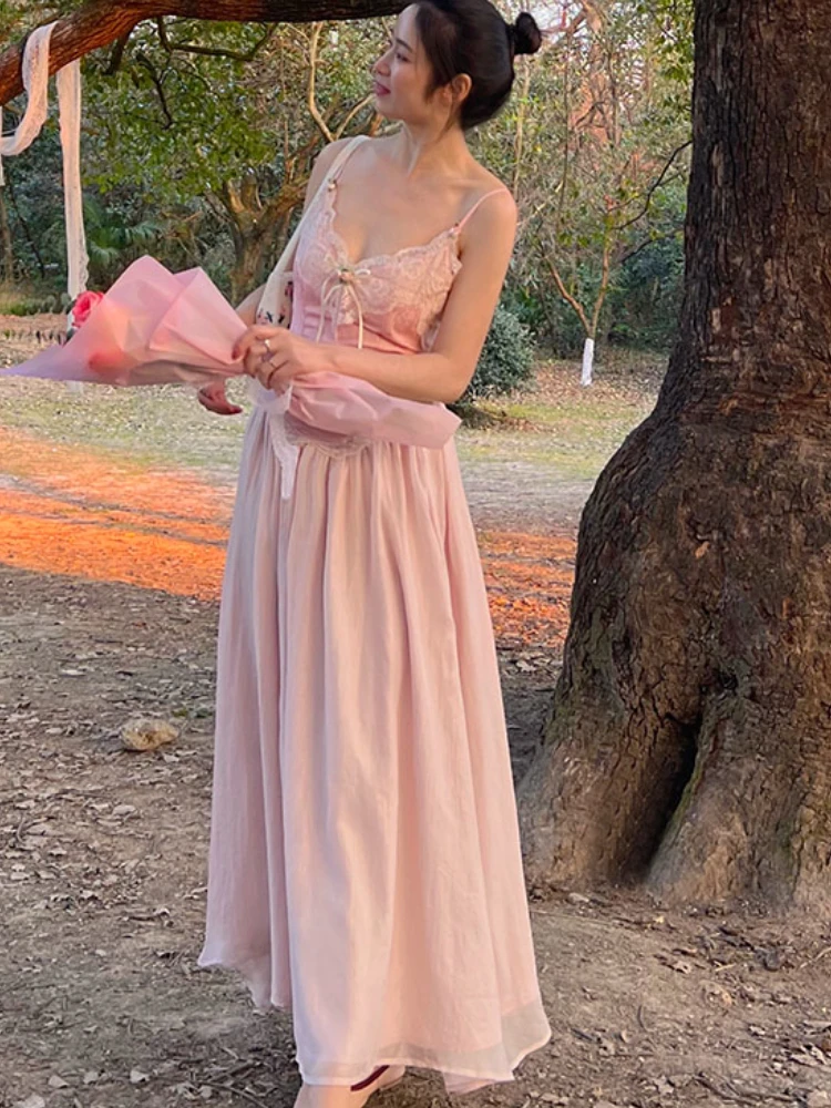  Vintage Elegant Strap Dress Women  France  Evening Party Long Dresses Pink Swee - $94.77